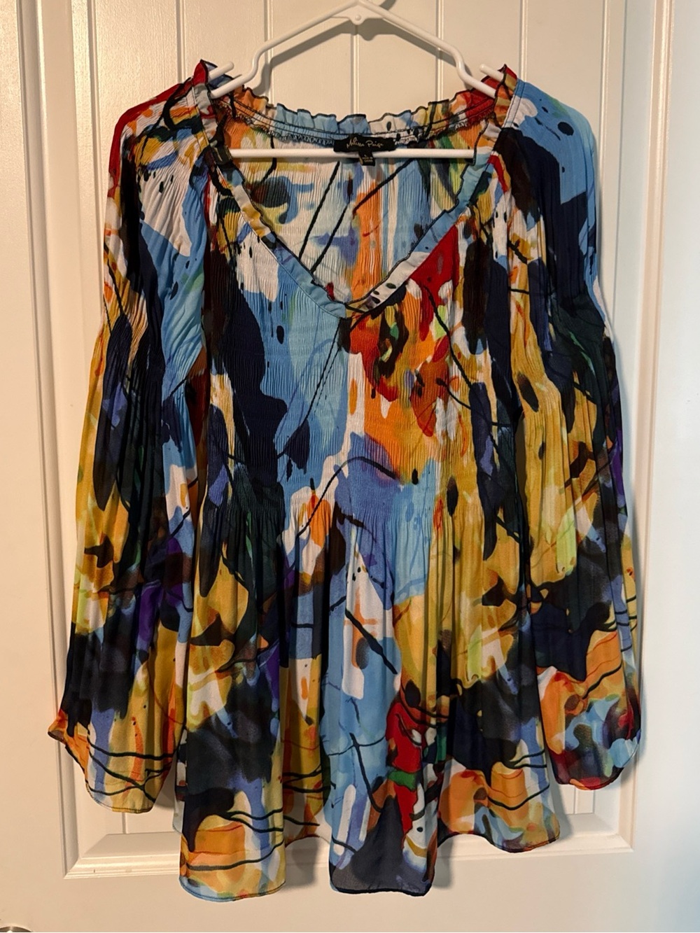 Abstract Print V-Neck Peasant Blouse - Multicolor women’s boho hippie top